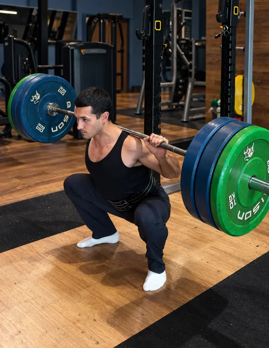 Coach in a deep squat with a loaded barbell