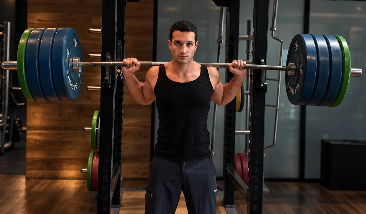 Coach holding a barbell across the shoulders in a squat rack